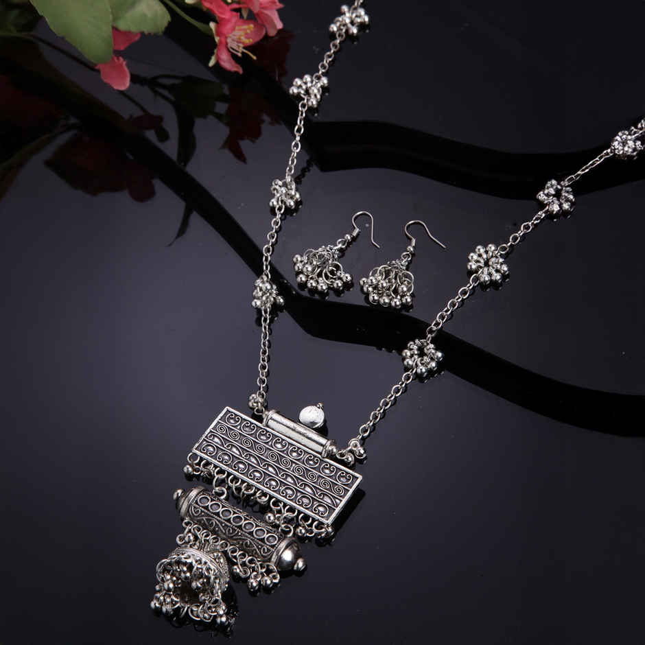 Shining Diva Fashion Stylish Traditional Oxidised Silver Necklace Jewellery Set for Women | 13118s