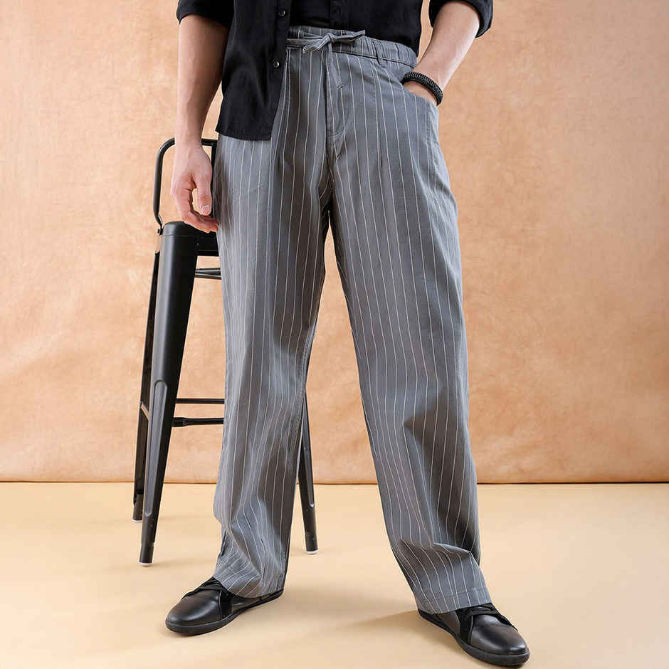 The Indian Garage Co Men Casual Loose Fit Grey Striped Trousers - 34 | 1223-Tllsetr-01
