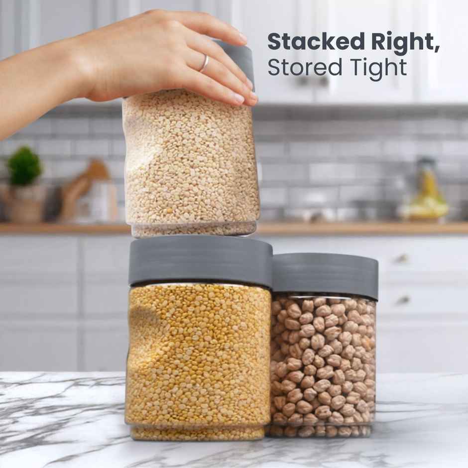 Flair Plastic Stackup Pet Jar Set Of 3 Pcs 1000 ml (Gray), Transparent