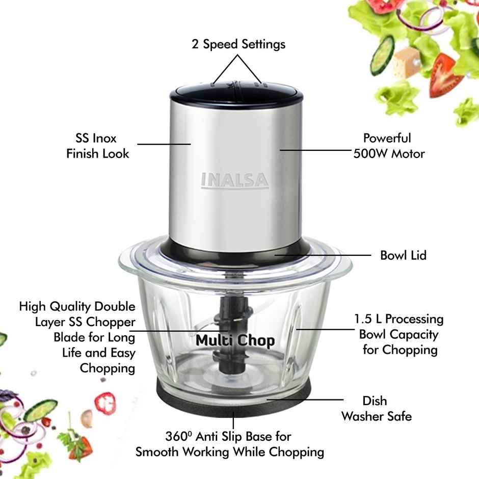 INALSA Electric Chopper for Kitchen & Meat Grinder Multi Chop,Pure Copper 500Watt Motor,2 Speed