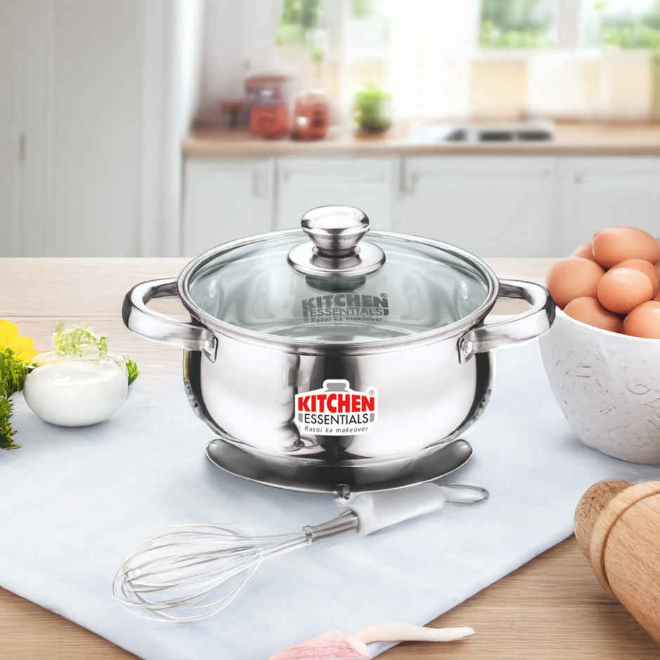 Kitchen Essentials Stainless Steel Flat Bottom Tall Belly Casserole With Glass Lid 16Cm (2L)