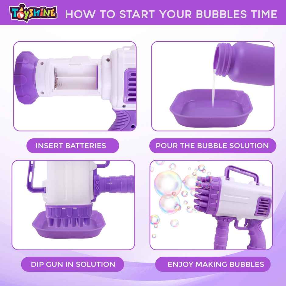 Toyshine Rocket Boom 32 Hole Bubble Blaster for Kids | High Volume Bubble Gun with Solution- Purple