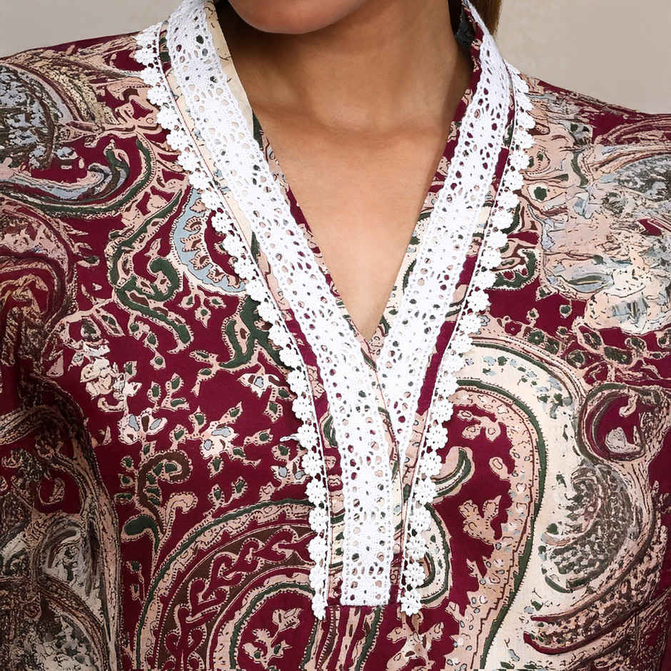 Varanga Women's Paisley Printed Three Quarter Sleeve Kurta | Maroon - 2XL