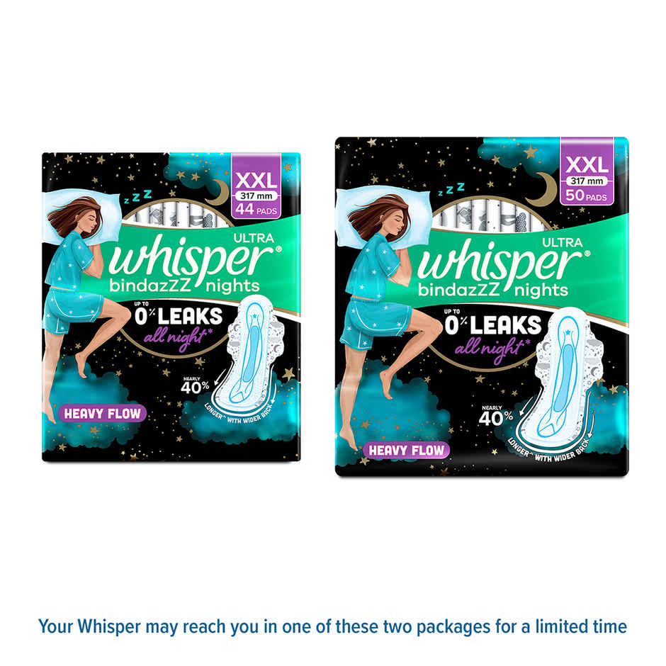Whisper Bindazzz Nights XXL Sanitary Pads, Upto 0% Leaks All Night Long