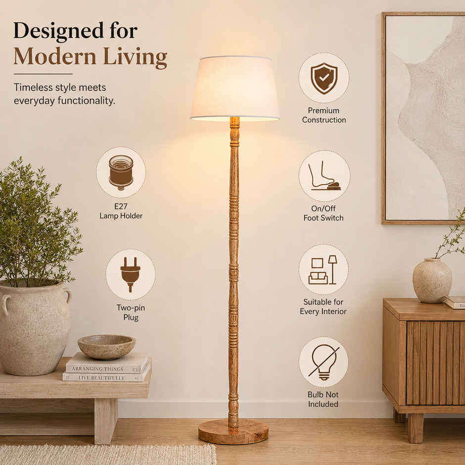 Homesake Mid-Century Wooden Floor Lamp with White Fabric Shade, Modern Standing Light