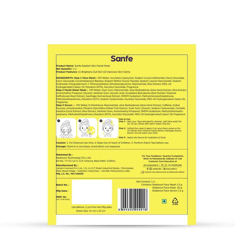 Sanfe Radiant Skin Facial Mask | Skin Brightening | Single Use | Lemon