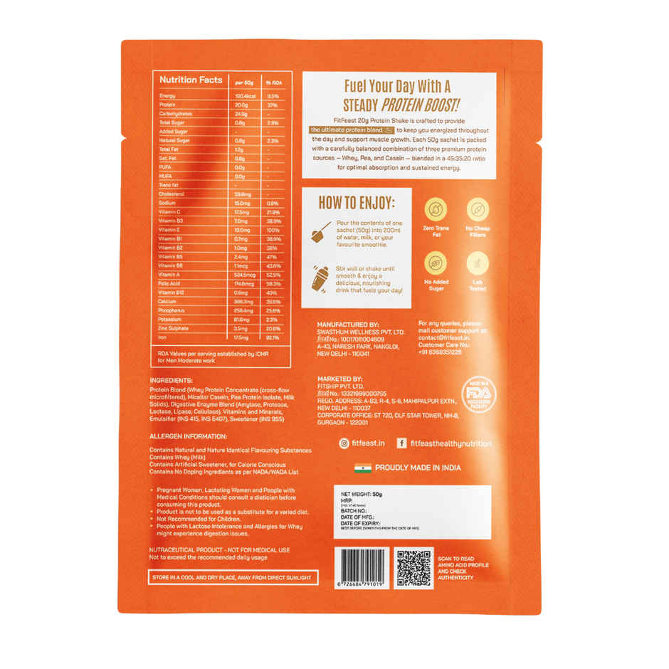 FitFeast Lab-Tested Malai Kulfi 20g Protein Shake Sachets (7) + Free Shaker | Zero Bloating Guarantee