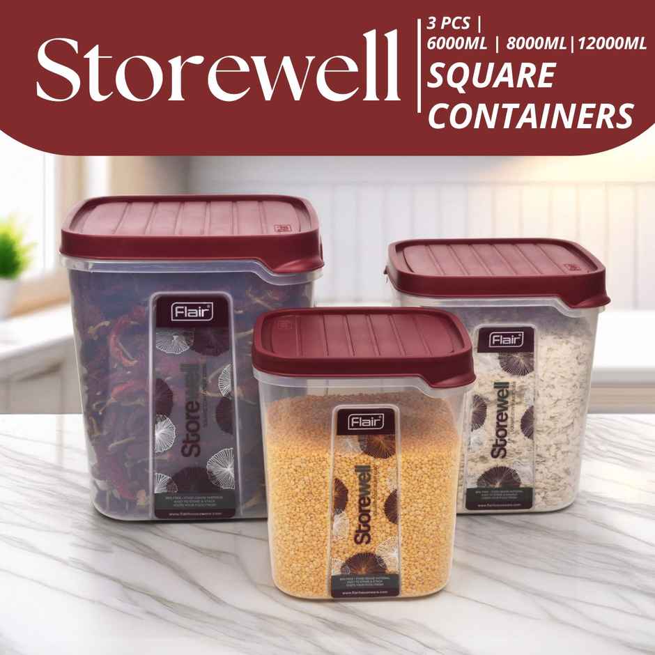 Flair Plastic Storewell Square Food Storage Containers Maroon - Set 3 Pcs (6000Ml,8000 ml,12000 ml)