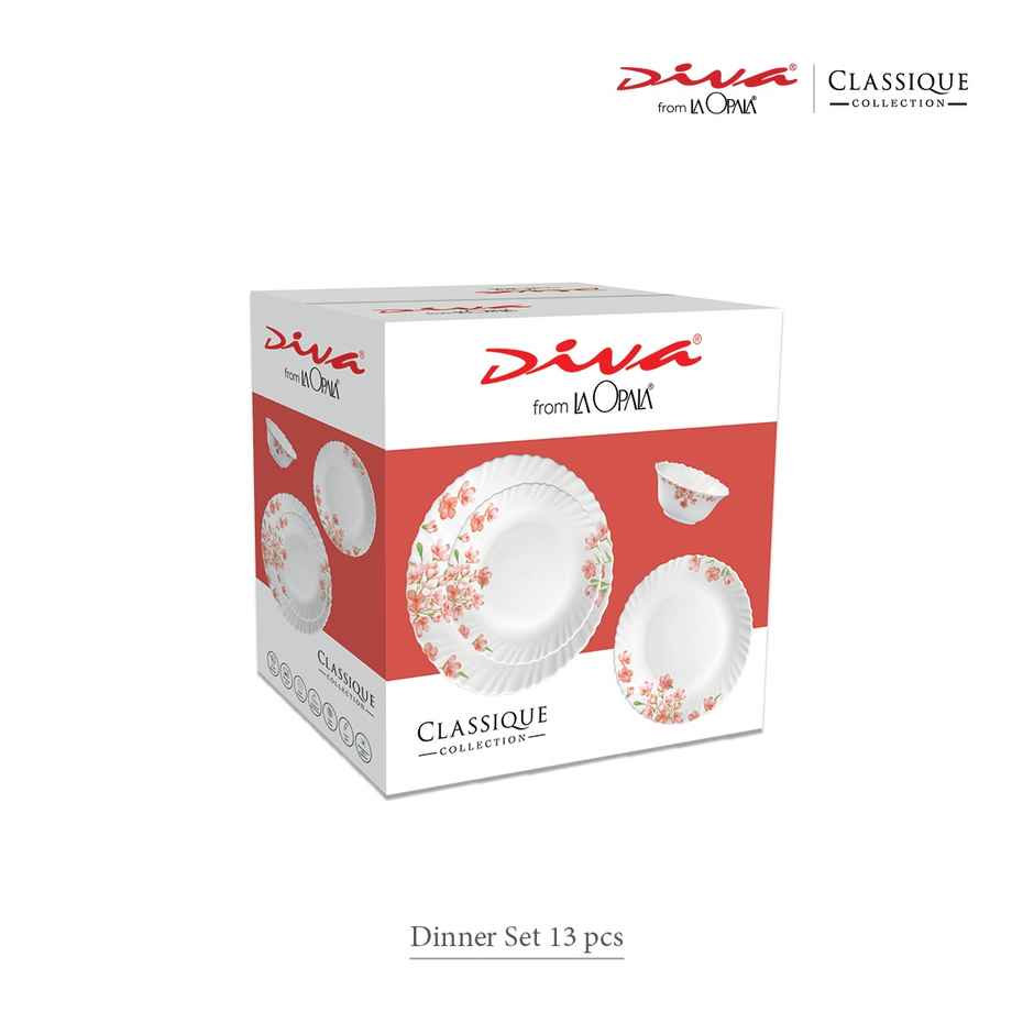 La Opala Diva Classique Dinner Set | Opal Glass Crockery for Dining | 13 Pcs - Aster Pink