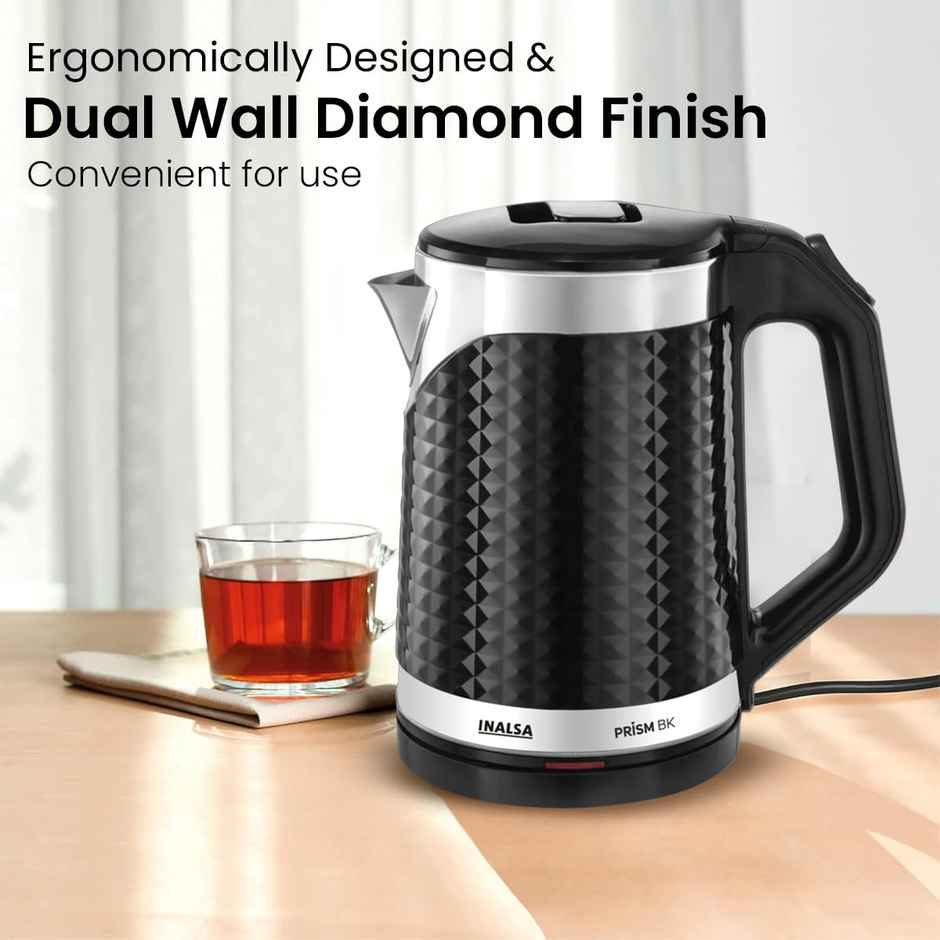 INALSA Double Wall Kettle Prism BK,1.8 Ltr,1500W |Diamond Cut Design ,Stainless Steel Inner Body