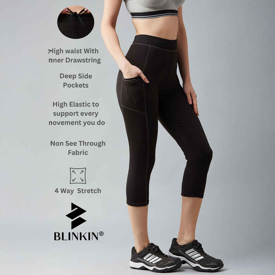Blinkin Women's 3/4 Gym Tights - Black | Grey | With Side Pockets | Perfect For Yoga | XXl