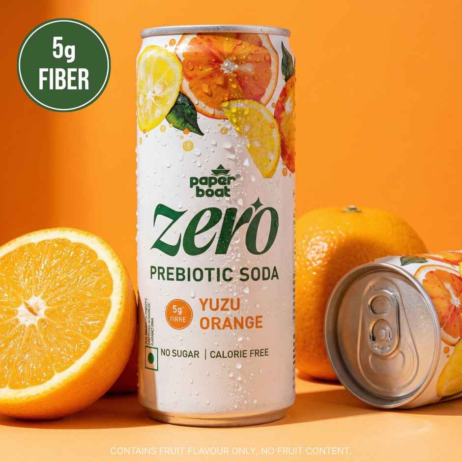 Paper Boat Zero Prebiotic Soda Yuzu Orange, 5g Fibre, Caffeinated Sugar Free Cold Drink