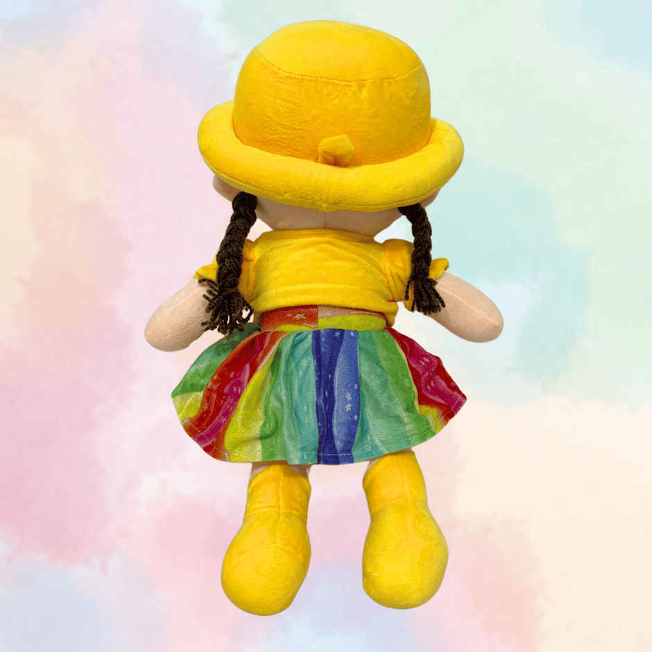 Toytales Soft Toy Doll With Yellow Hat & Rainbow Dress 45 cm | Plushie For Girls Kids | Plush Toy