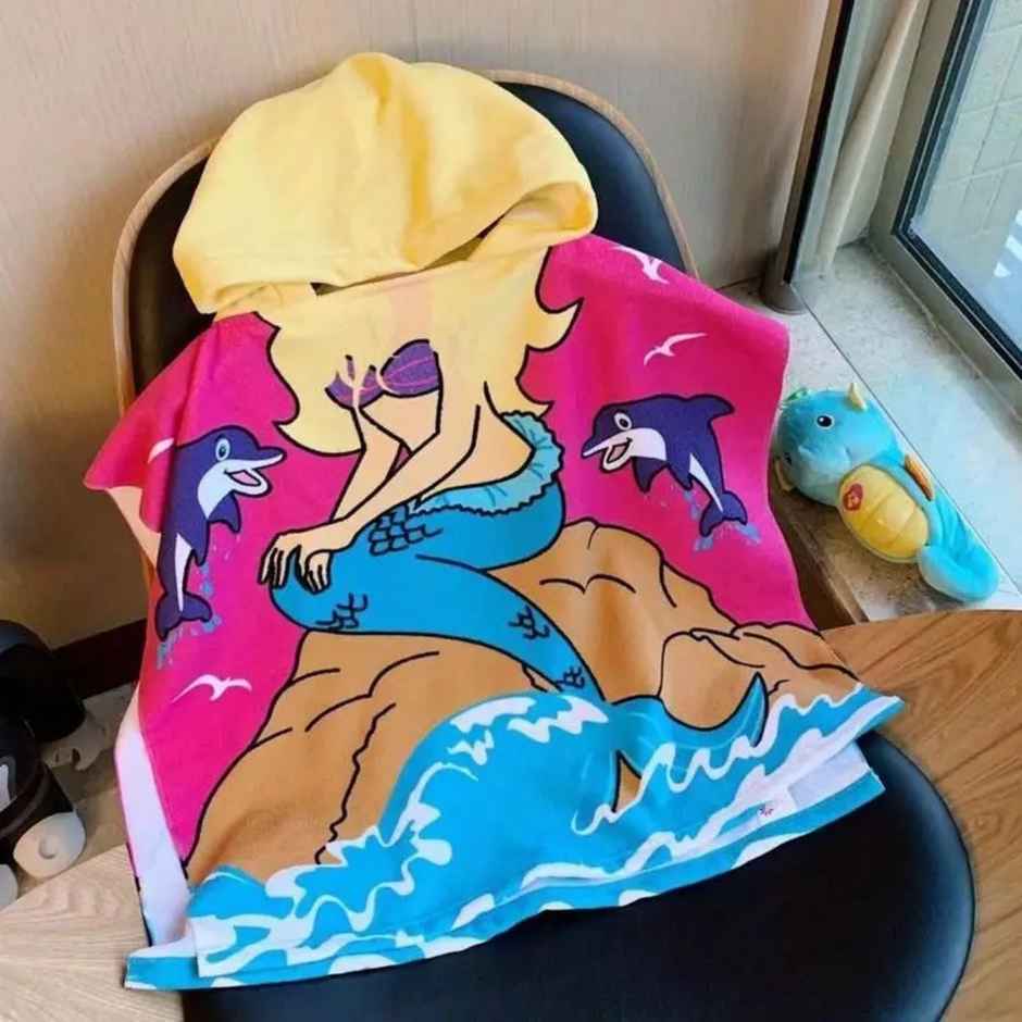 Famyo Hooded Poncho Towel, Pink Mermaid Design for Kids - 1 to 7 Years, 60 x 60 cm