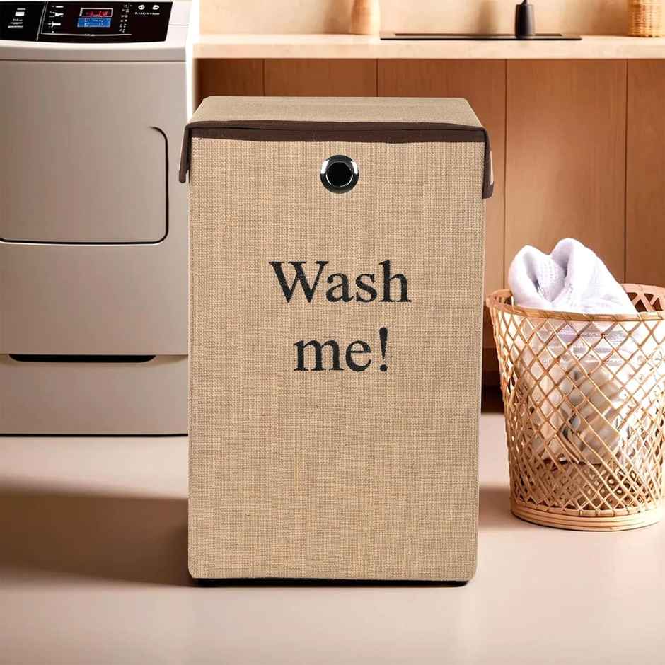 Kuber Industries | 75 L | Jute Fabric Foldable Laundry Basket with Ring | Velcro Lid | Brown