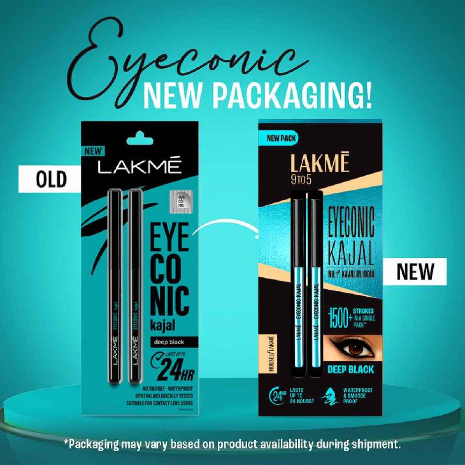 Lakme 9 to 5 Eyeconic Kajal Twin Pack, lasts upto 24hrs, Pack of 2- Deep Black