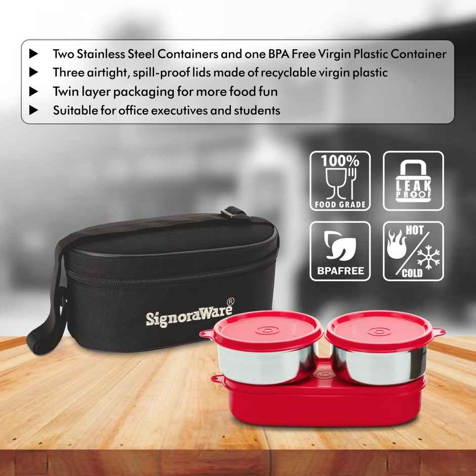 Signoraware Double Decker Steel Lunch Box Food Grade Stainless Steel Red