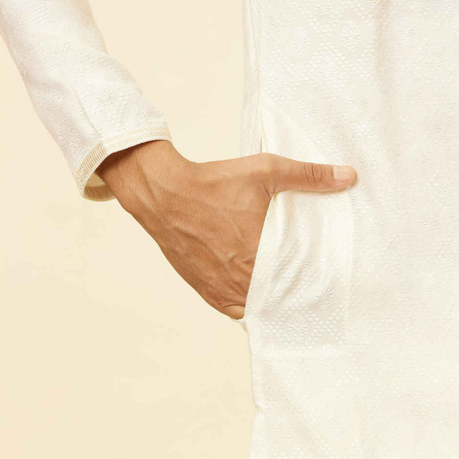 Manyavar Cream Blended Viscose Self Design Kurta Set | XXL