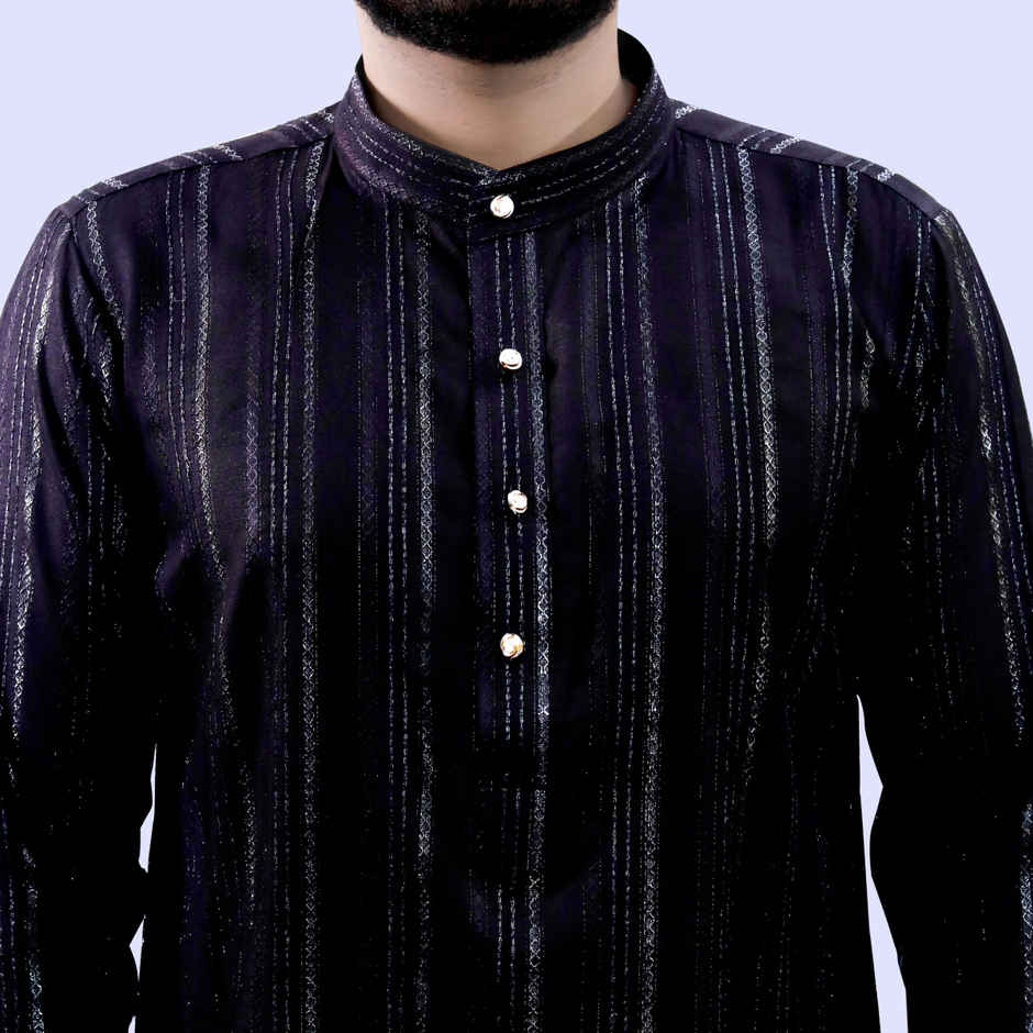 Tibra Collection Men Kurta - Black | Solid | Thin Striped | Cotton Blend | XXL