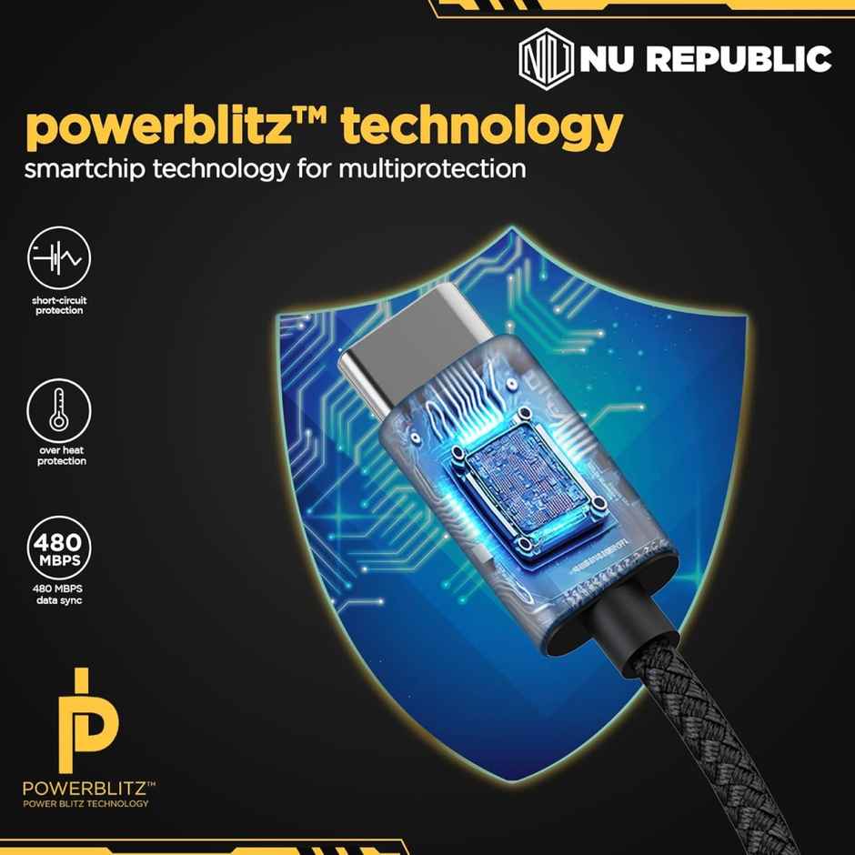 Nu Republic Blaze Flash 65W Type-C to Type-C Fast Charge Cable (Compatible with Mobile, Tablet, Laptop, One Cable),Type C 1.25 m - Grey
