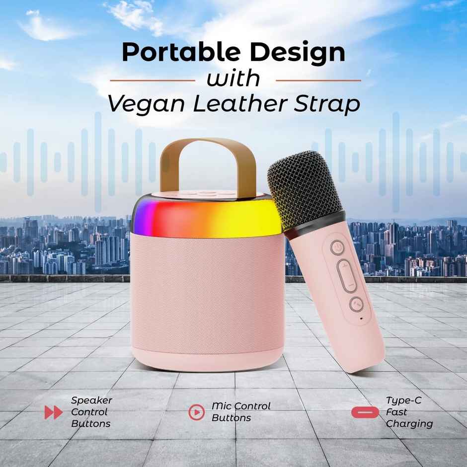 pTron Fusion Bliss 16W Bluetooth Speaker | Wireless Karaoke Mic | RGB Lights | 6Hrs Playtime - Pink