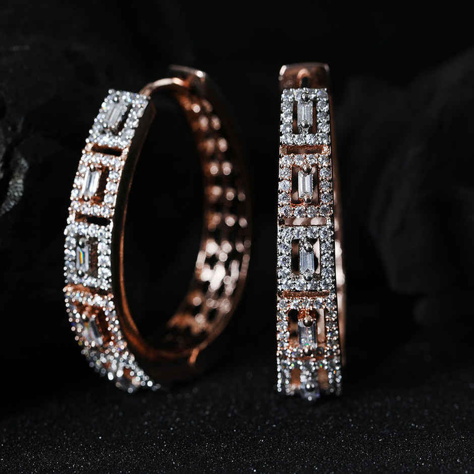 Priyaasi Quintessence Rose Gold Plated American Diamond Studded Hoop Earrings