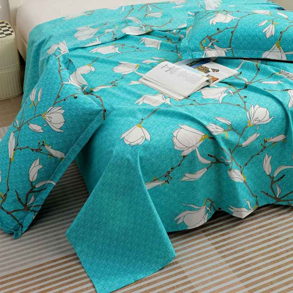 Story@home 144 TC Cotton Double Printed Flat Floral Bedsheet | Aqua Green | 98 x 89 in