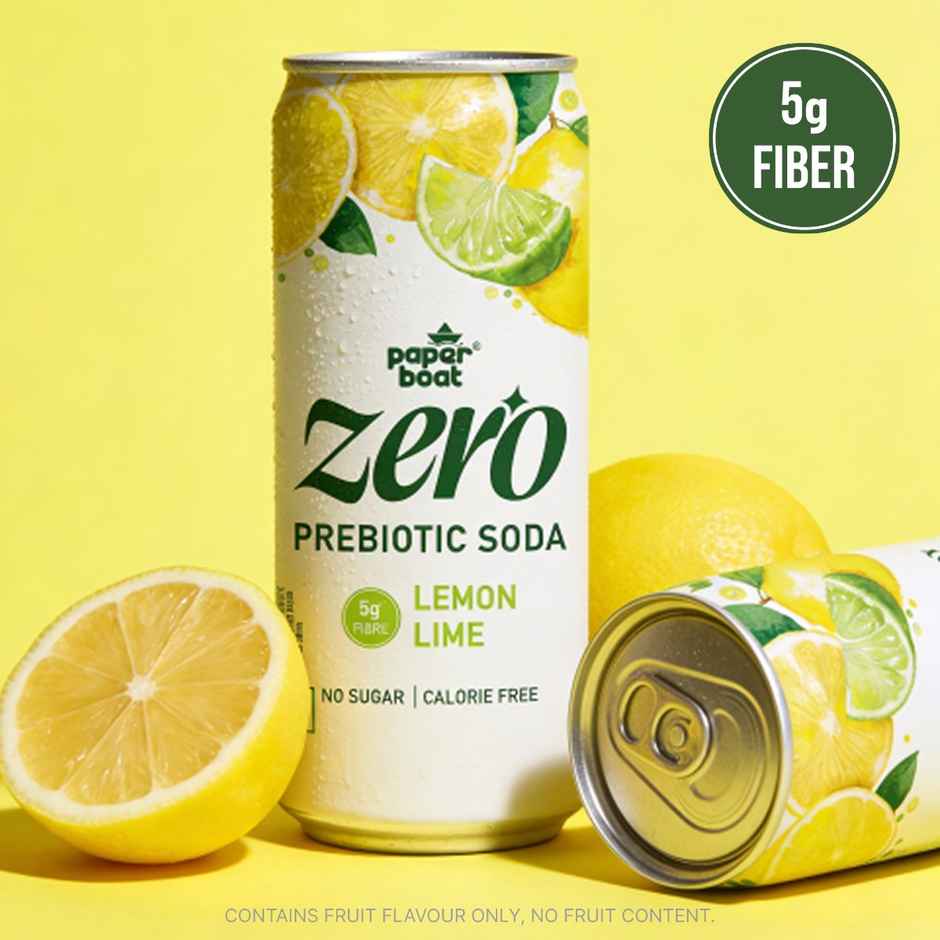 Paper Boat Zero Prebiotic Soda Lemon Lime, 5g Fibre, Caffeinated Sugar Free Cold Drink