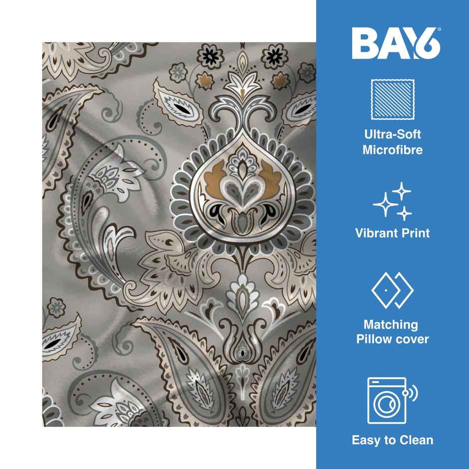 BAY6 Single Microfibre Ethnic Bedsheet | With Pillow Cover | Grey & Beige | 59 x 87 in