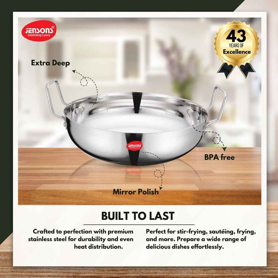Jensons Stainless Steel Kadai 3 Litre | 27 cm | Induction & Gas Compatible |Deep Fry Pan|Heavy Duty