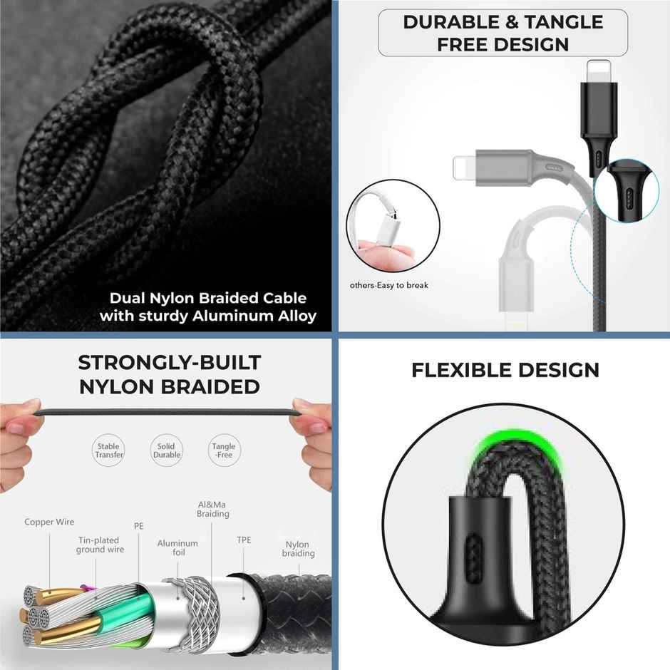 Kratos Unbreakable 1.2 Mtr Nylon Braided 3 in 1 Charging Cable with Type C, Lightning, Micro USB Port, Charging Cable compatible for iPhone,Samsung,OnePlus & Other Smartphones, 1 Meter - Black