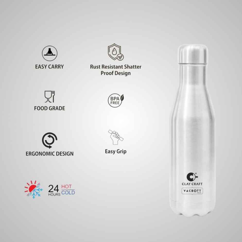 Clay Craft Vacbott Carbon Single Walled Non Insulated Water Bottle | 750 ml | Silver