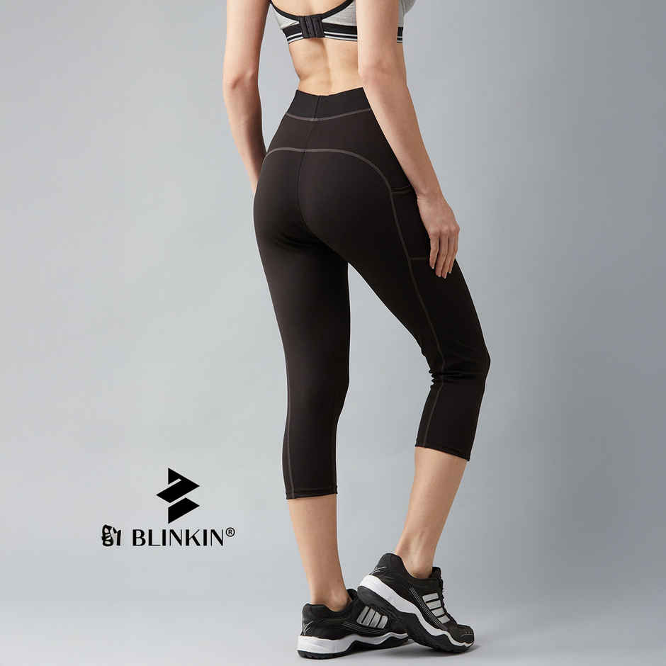 Blinkin Women's 3/4 Gym Tights - Black | Grey | With Side Pockets | Perfect For Yoga | XL