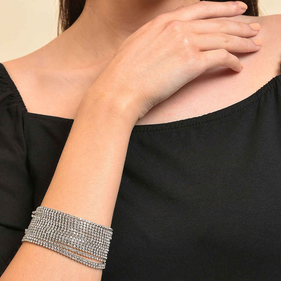 Sohi Silver-Toned Stone Studded Wraparound Bracelet For Women's