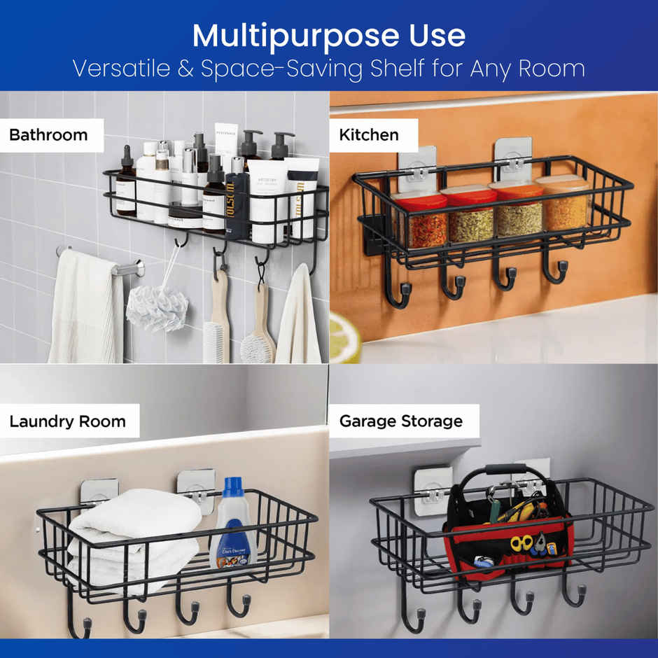 Zulaxy Self Adhesive Rectangular Wall Shelf for Bathroom and Kitchen (Metal, Black)