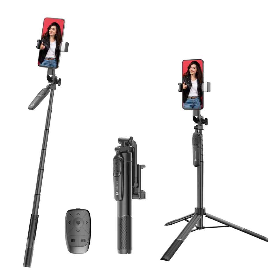 Portronics Lumistick Pro Smart Selfie Stick with 360 Degree Rotation,10 M Bluetooth Range,1600 mm Extension Rod for iPhone/Mi/OnePlus/Samsung/Oppo/Vivo and All Phones-Black