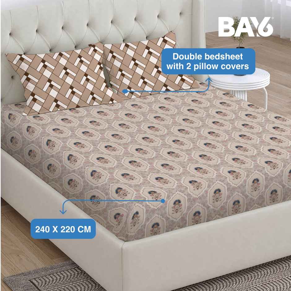 BAY6 Microfibre Floral Print Double Bedsheet - Beige | 220 x 240 cm + Two Pillow Covers