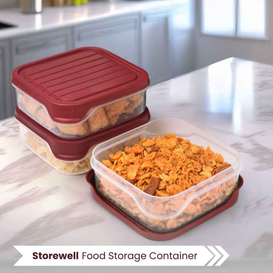 Flair Plastic Storewell Square Food Storage Containers 550Ml - Set Of 3, (Maroon), Food Grade