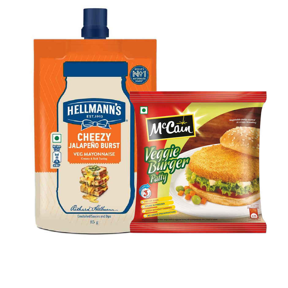 Hellmann'S Cheezy Jalapeno Burst Mayo (85g) & Mccain Veggie Burger Patty | Ready To Cook (360g) Combo 