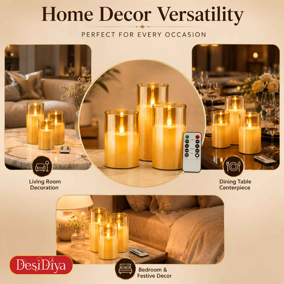 DesiDiya Flameless LED Candles Set of 3 Remote Control Acrylic Glass Candle Flickering Flame