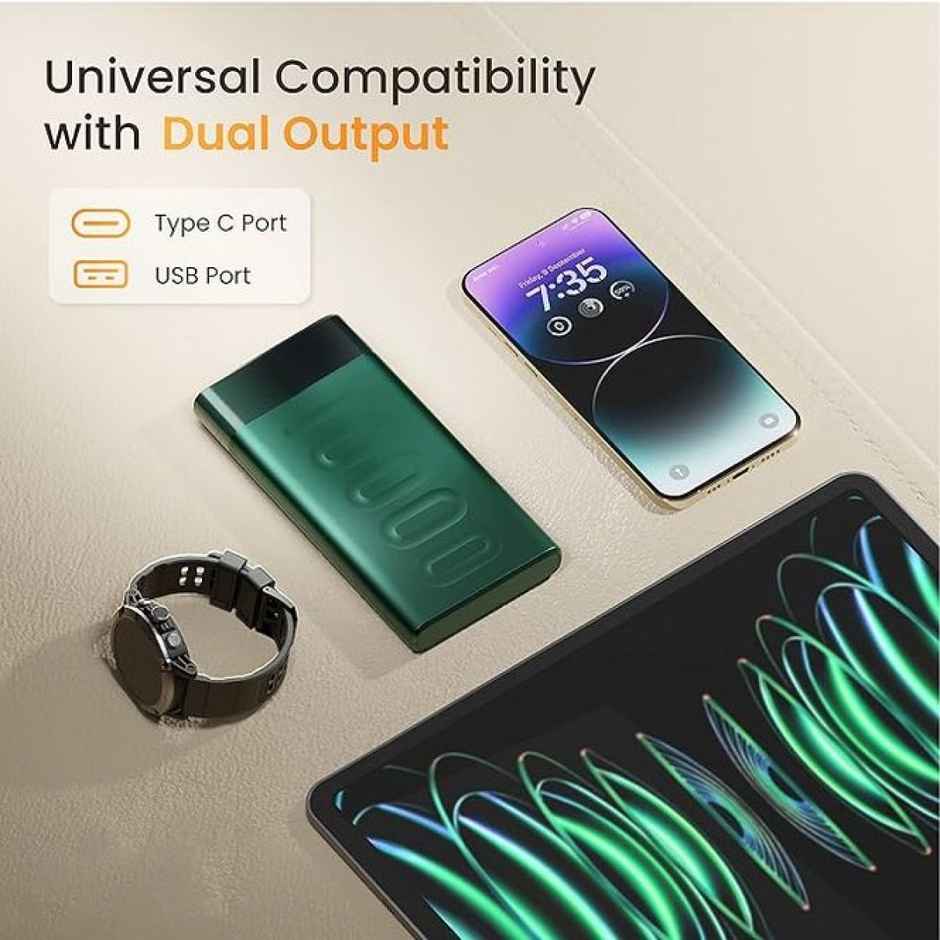 Ambrane 10000mAh Slim & Compact Wired Powerbank, 22.5W Fast Charging, USB & Type C Output, Power Delivery, Quick Charge for iPhone, Android & Other Devices, Made in India + Type C Cable (Stylo 10) - Green
