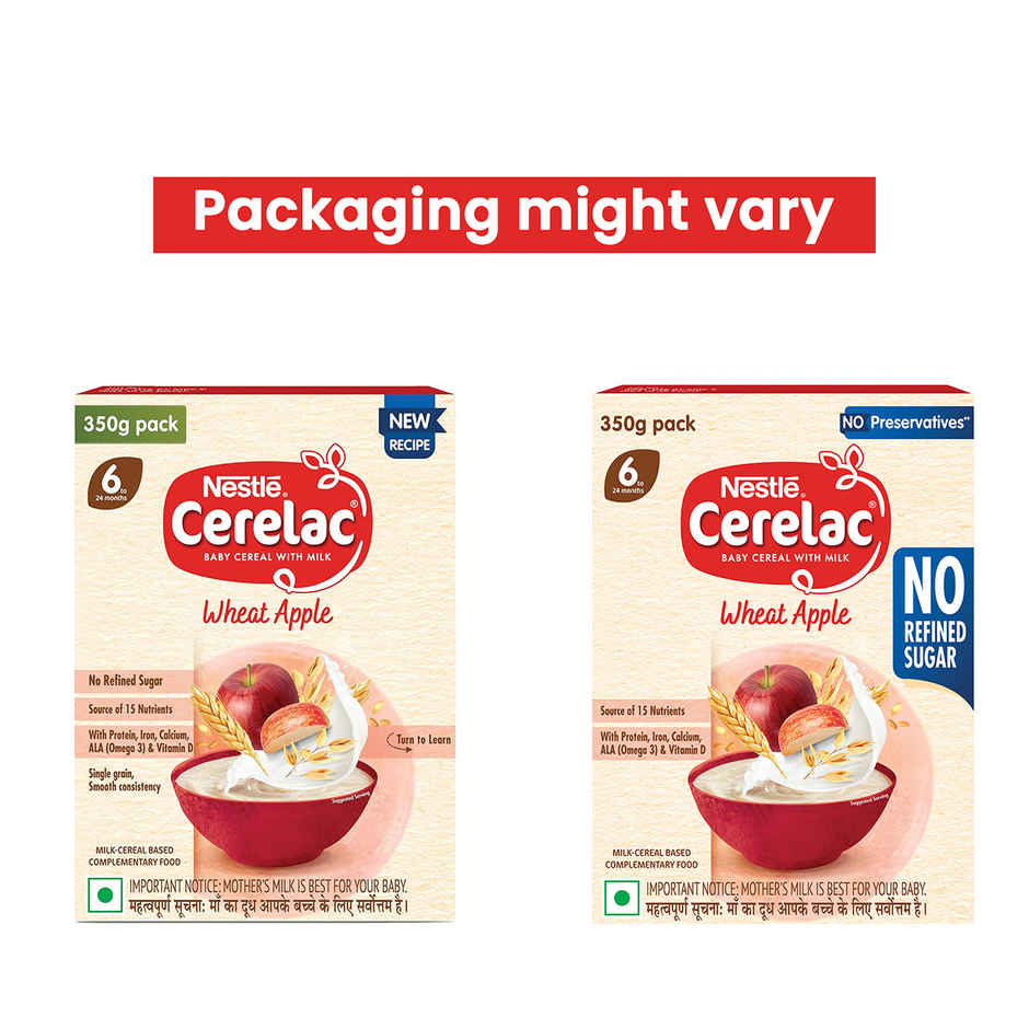 Nestle Cerelac Wheat Apple Baby Food Cereal, No Refined Sugar & No Preservatives, 6 to 24 Months