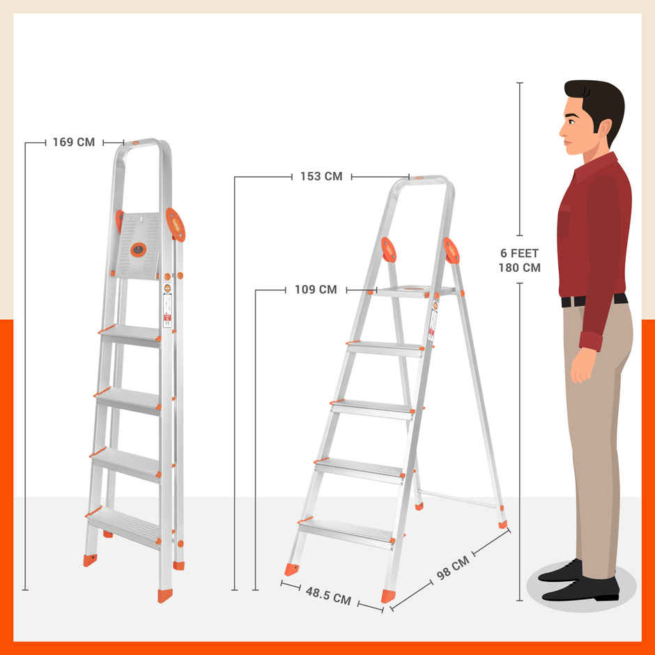 Bathla 5-Step Aluminium Foldable Ladder | Anti-Slip,Heavy Duty,Scratch Resistant | Advance | Orange