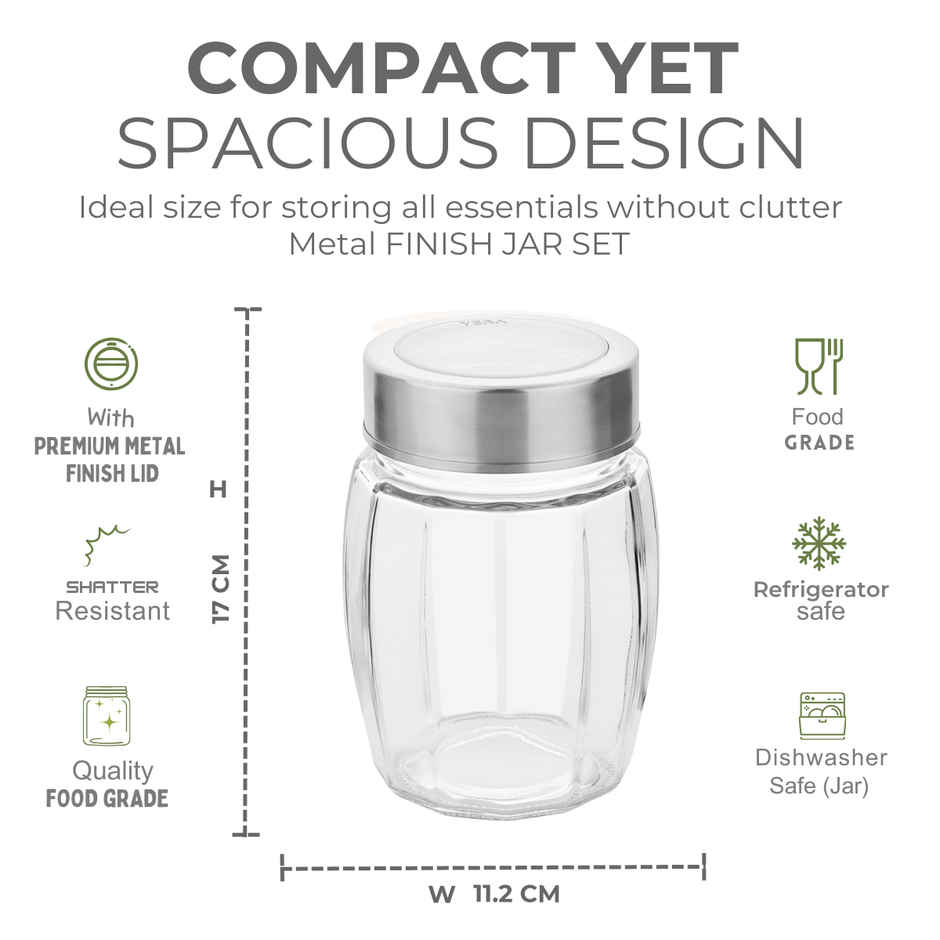 Yera Premium Glass Jar With Steel See-Through Lid 1 Pc 1090 ml (Each) Barrel Shaped