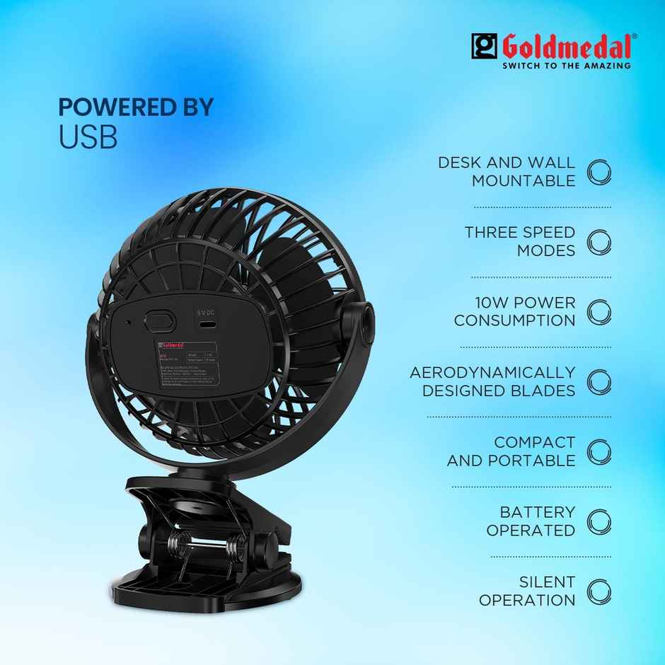 Goldmedal i-Fan 100mm Mini Portable Clip Fan | USB Charging | Desk Mountable & Multi-Clip Function | 3 Speed Modes (Black)