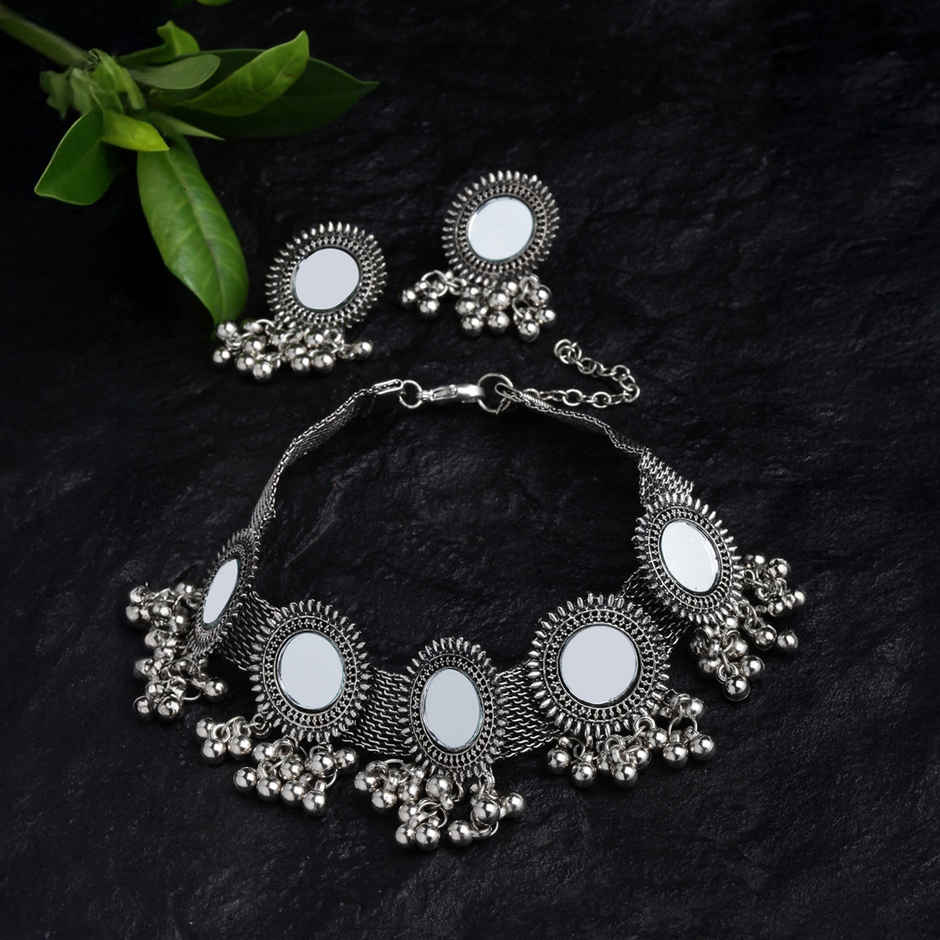 Shining Diva Fashion Stylish Oxidised Silver Tribal Choker Necklace Jewellery Set for Women 12162s