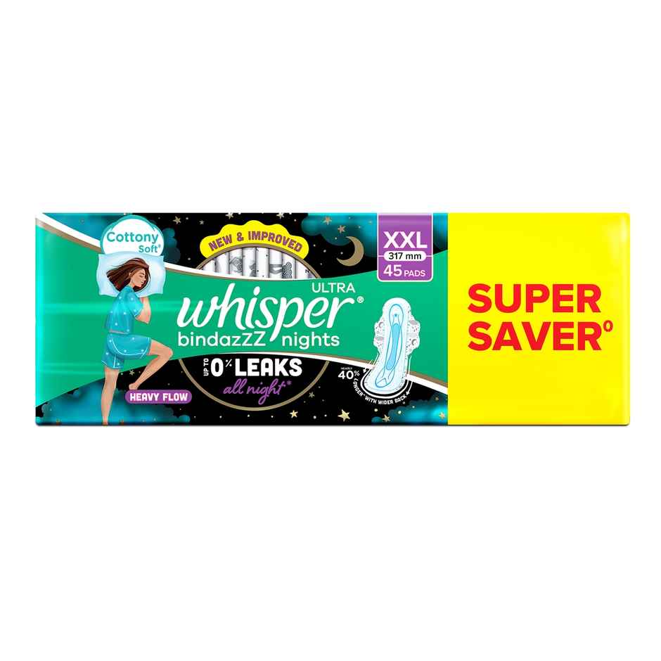Whisper Bindazzz Nights 15x3 XXL Sanitary Pads, Upto 0% Leaks All Night Long