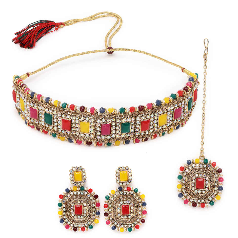 Sukkhi Exquisite Gold Plated Multi Kundan & Beads Studded Collar Necklace Set