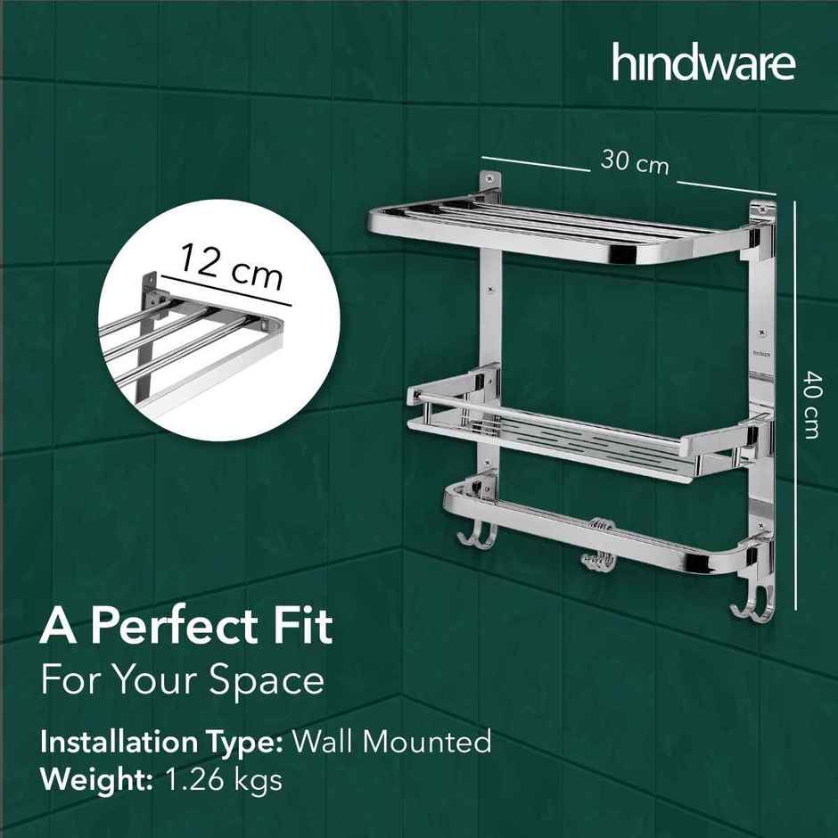 Hindware 3 Layered Multi-Purpose Shelf With Foldable Towel Rack | Stainless Steel Construction