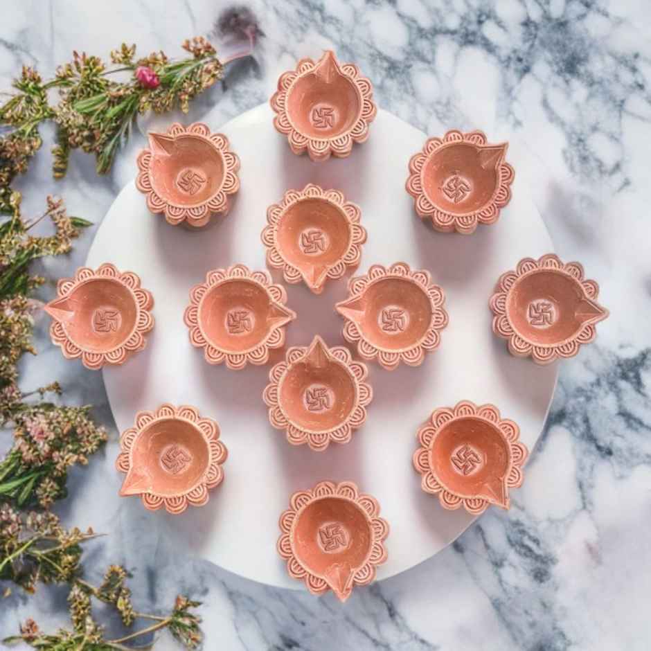 Crafted Pushp Swastik Mitti Diya | Pack of 12 | Clay Diya | DiaCraft
